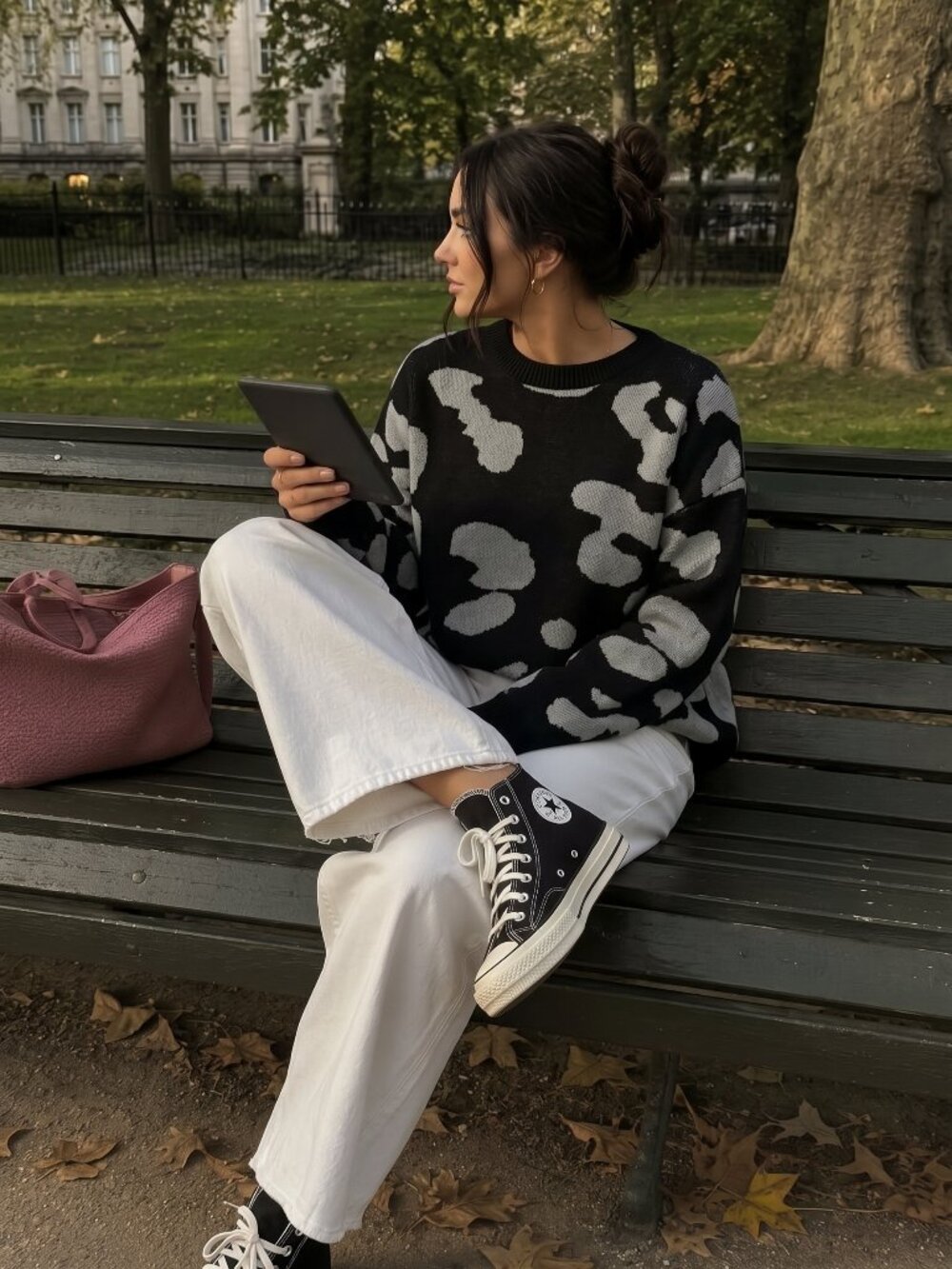 Women's Black Gray Animal Print Drop Shoulder Sweater Long Sleeve Knit